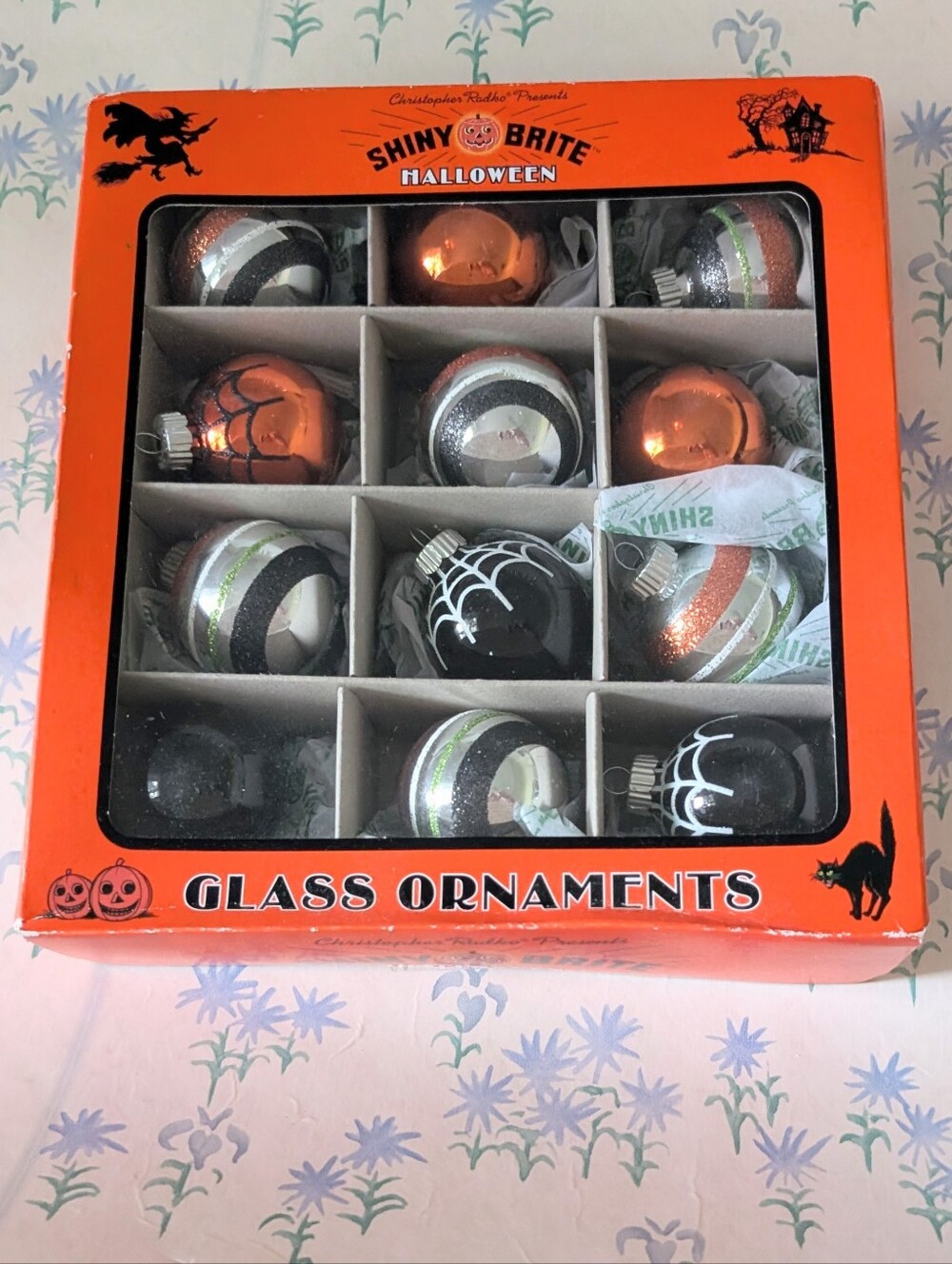 Christopher Radko Shiny Brite Halloween 12 Glass Ornaments NEW Glitter Spiderweb